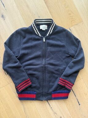 Gucci Navy Kids Zip Bomber with Red & Blue Striped Trim